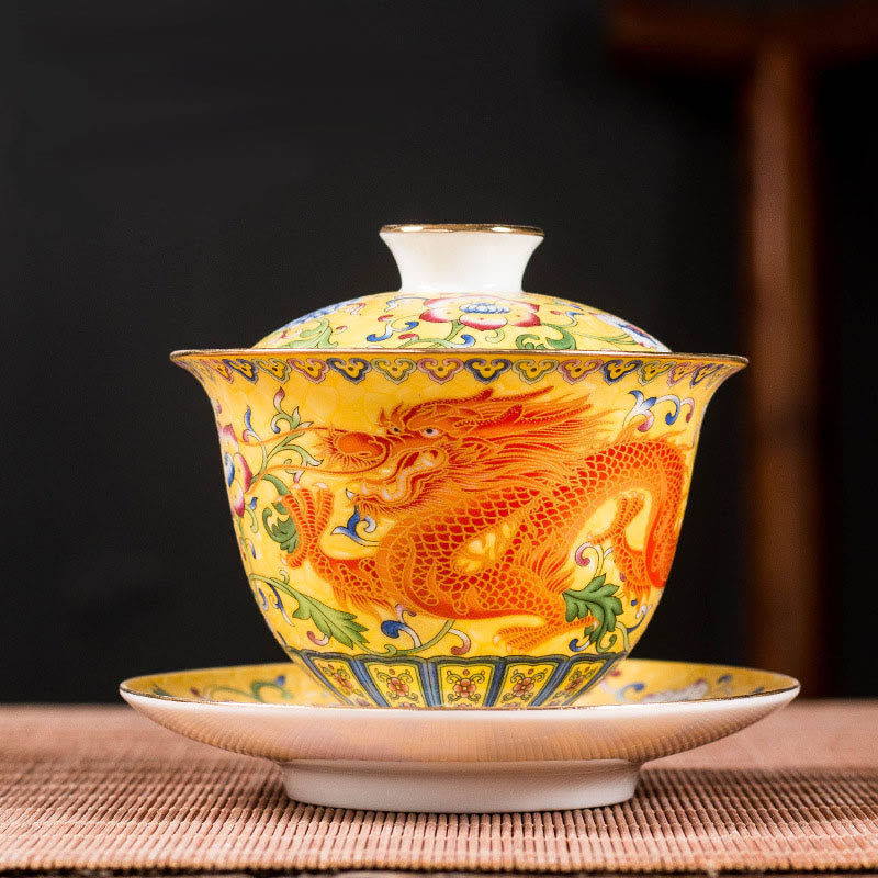 Keramik-Gaiwan-Teetasse mit Drachen-Phönix-Motiv, 160 ml, mit Deckel