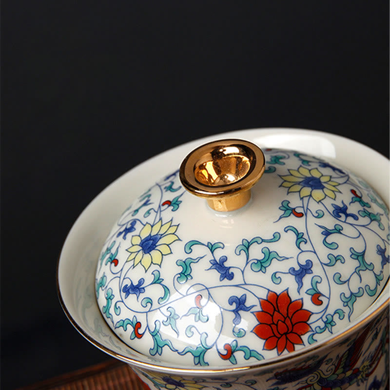 Keramik-Gaiwan-Sancai-Teetasse, 190 ml, mit Zen-Dekor-Kunst