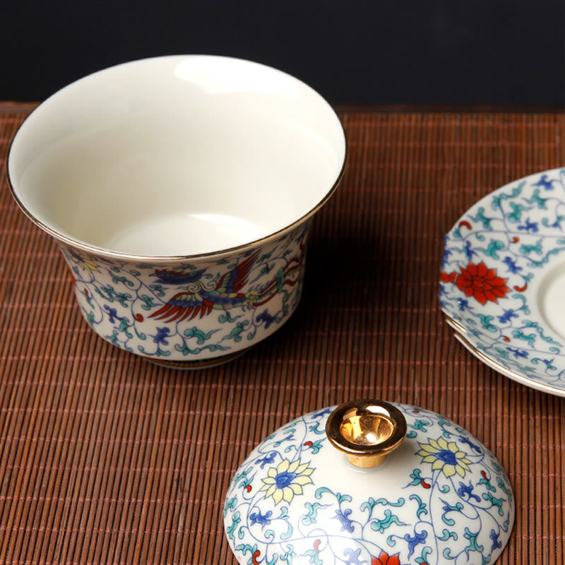 Keramik-Gaiwan-Sancai-Teetasse, 190 ml, mit Zen-Dekor-Kunst