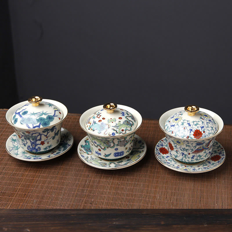 Keramik-Gaiwan-Sancai-Teetasse, 190 ml, mit Zen-Dekor-Kunst