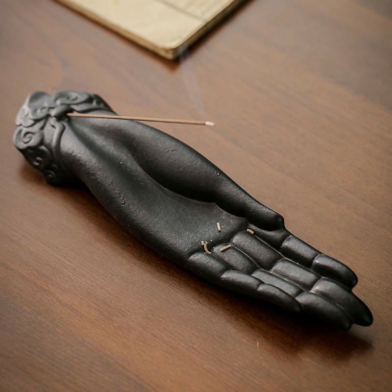 Keramik-Räuchergefäß mit Buddha-Hand, glückverheißenden Wolken und Segen