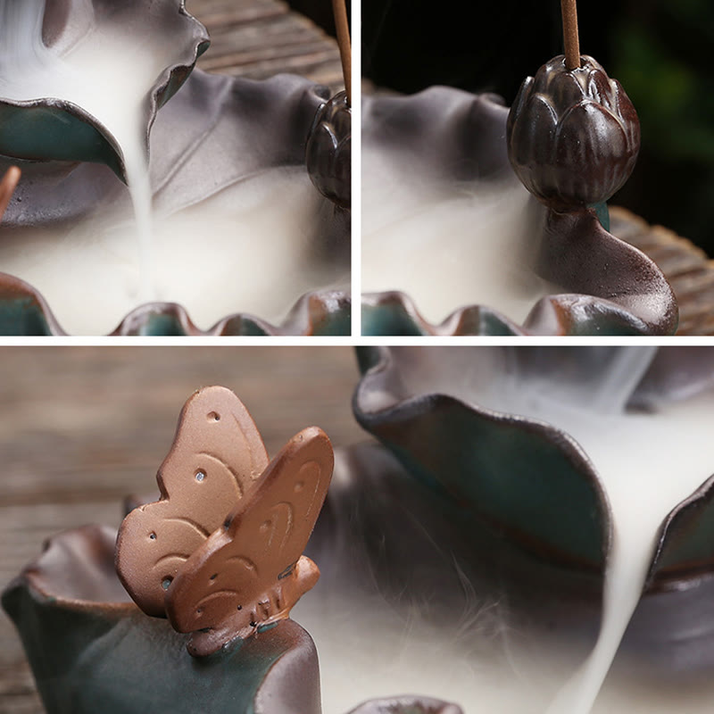 Keramik-Räuchergefäß, Lotusblume, Frosch, Schmetterling, Dekor