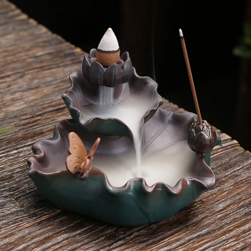 Keramik-Räuchergefäß, Lotusblume, Frosch, Schmetterling, Dekor
