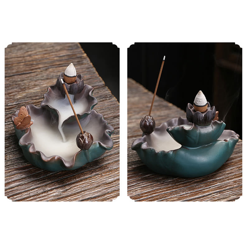 Keramik-Räuchergefäß, Lotusblume, Frosch, Schmetterling, Dekor