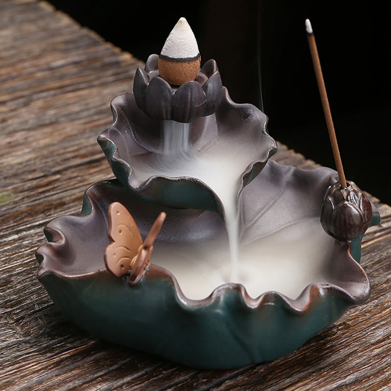 Keramik-Räuchergefäß, Lotusblume, Frosch, Schmetterling, Dekor