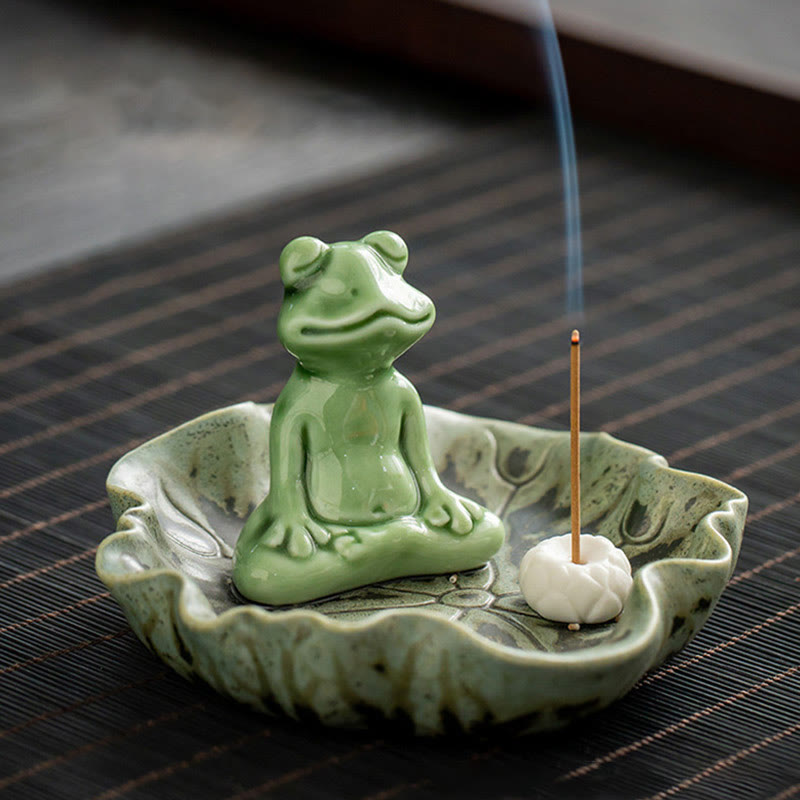 Keramik-Räuchergefäß | Lotusblatt-Meditationsfrosch 11 cm