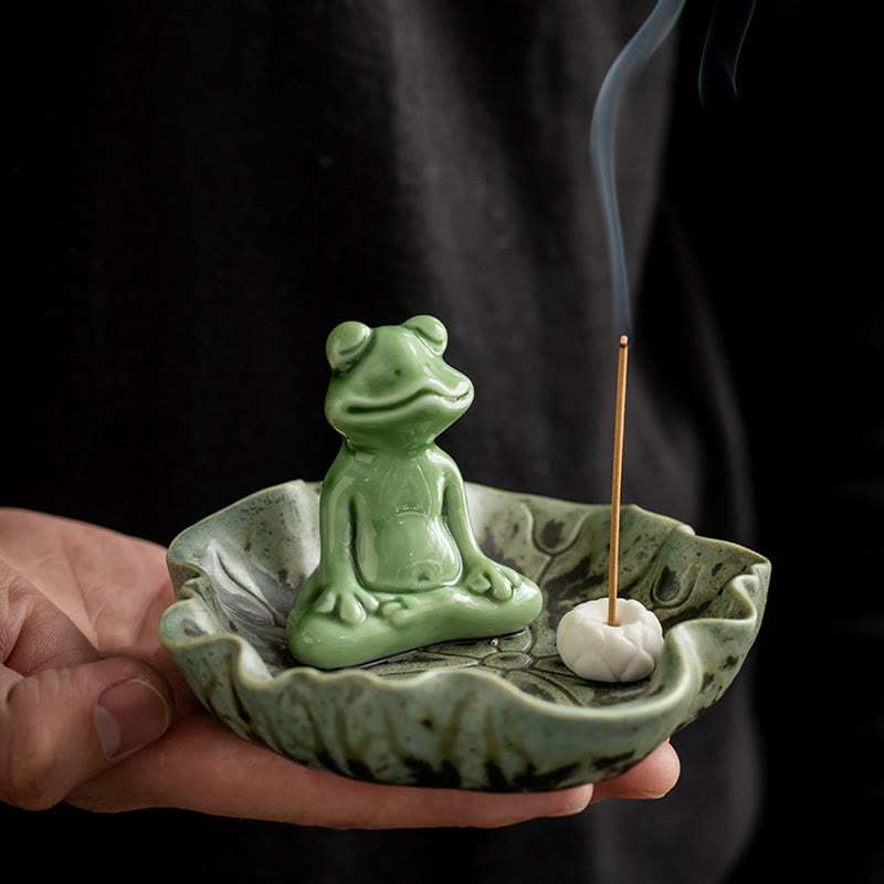 Keramik-Räuchergefäß | Lotusblatt-Meditationsfrosch 11 cm