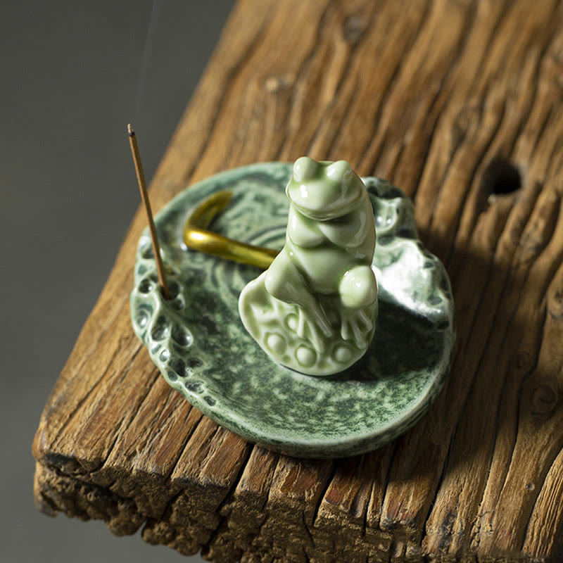 Keramik-Räuchergefäß | Lotusblatt-Meditationsfrosch 11 cm
