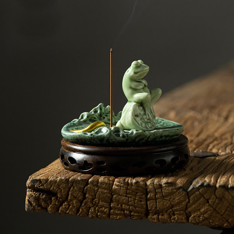 Keramik-Räuchergefäß | Lotusblatt-Meditationsfrosch 11 cm
