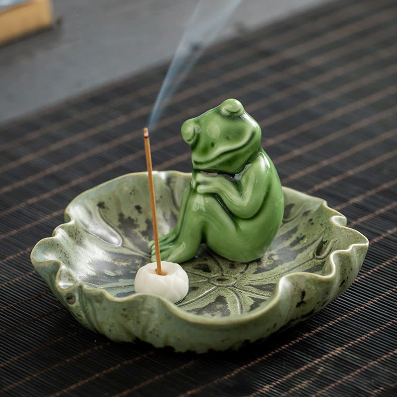 Keramik-Räuchergefäß | Lotusblatt-Meditationsfrosch 11 cm
