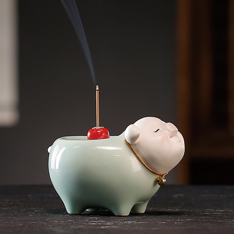 Räucherstäbchenhalter aus Keramik in Form eines kleinen Schweinchens, 9 cm