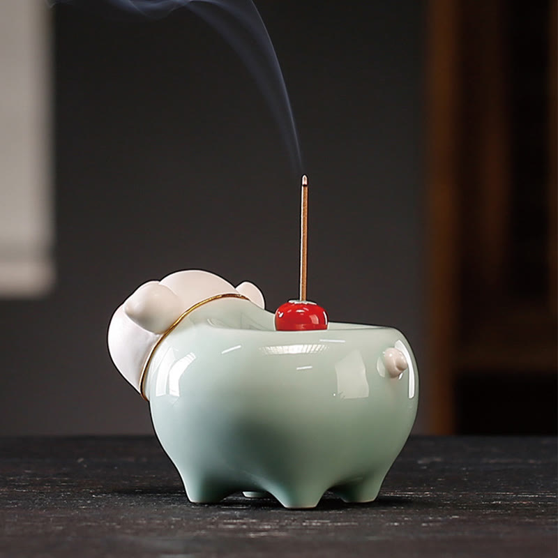 Räucherstäbchenhalter aus Keramik in Form eines kleinen Schweinchens, 9 cm