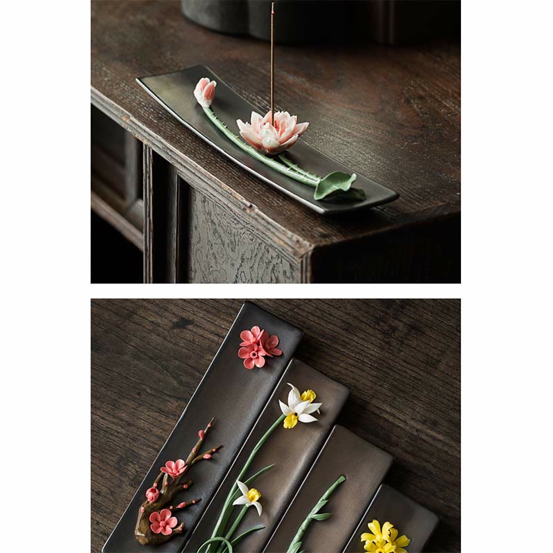 Keramik-Räuchergefäß mit Lotus-Pfingstrosen-Rose, 26 cm, spirituell