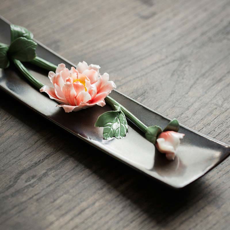 Keramik-Räuchergefäß mit Lotus-Pfingstrosen-Rose, 26 cm, spirituell