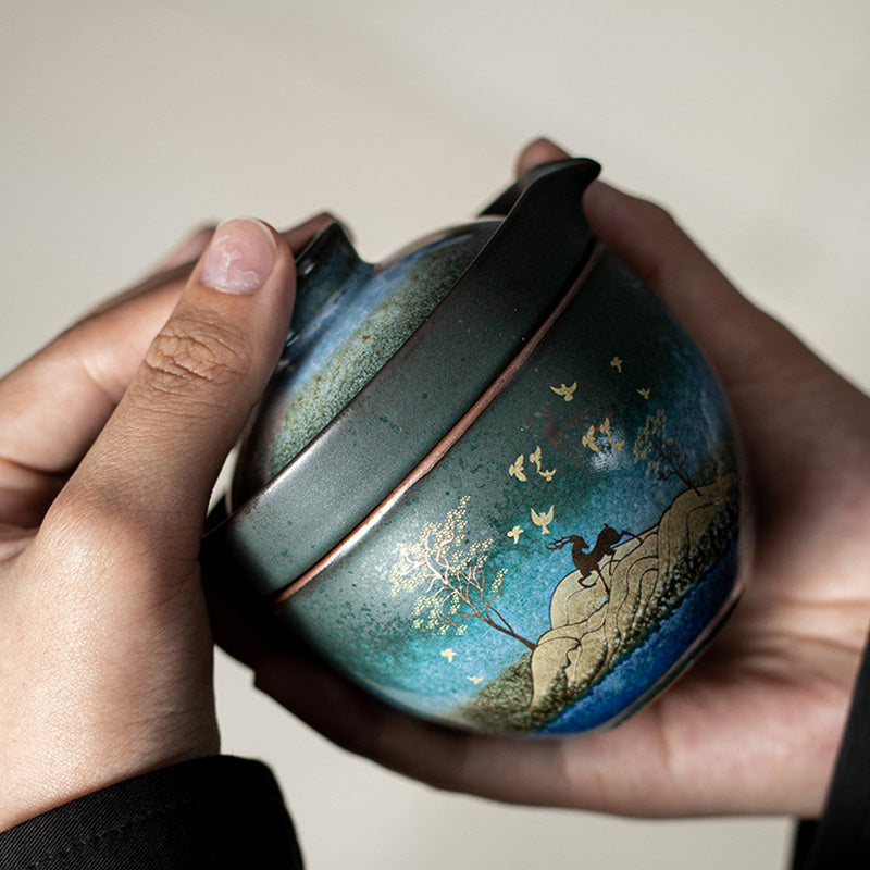 Keramik-Teetasse mit Hirsch- und Katzen-Design für spirituelle Gelassenheit