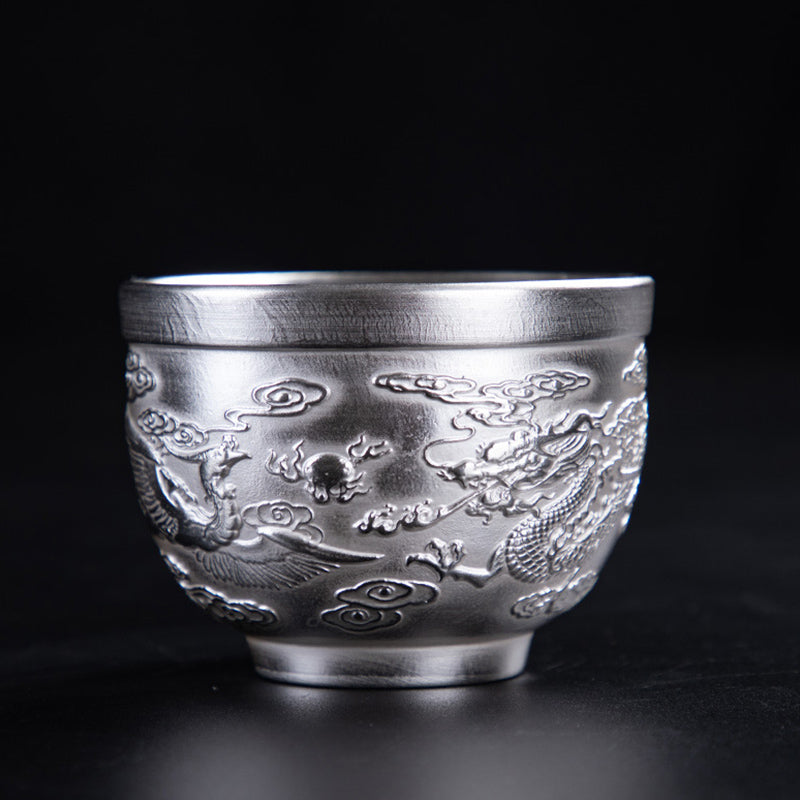 Keramik-Teetasse mit Drachen-Phönix- und Fu-Charakterkunst – Zen-Dekor