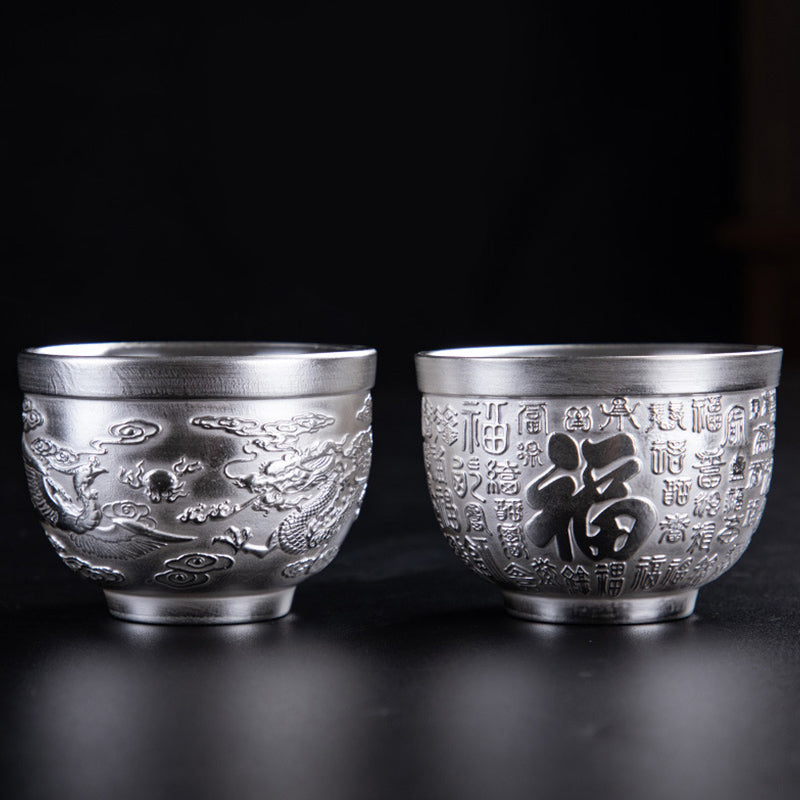 Keramik-Teetasse mit Drachen-Phönix- und Fu-Charakterkunst – Zen-Dekor