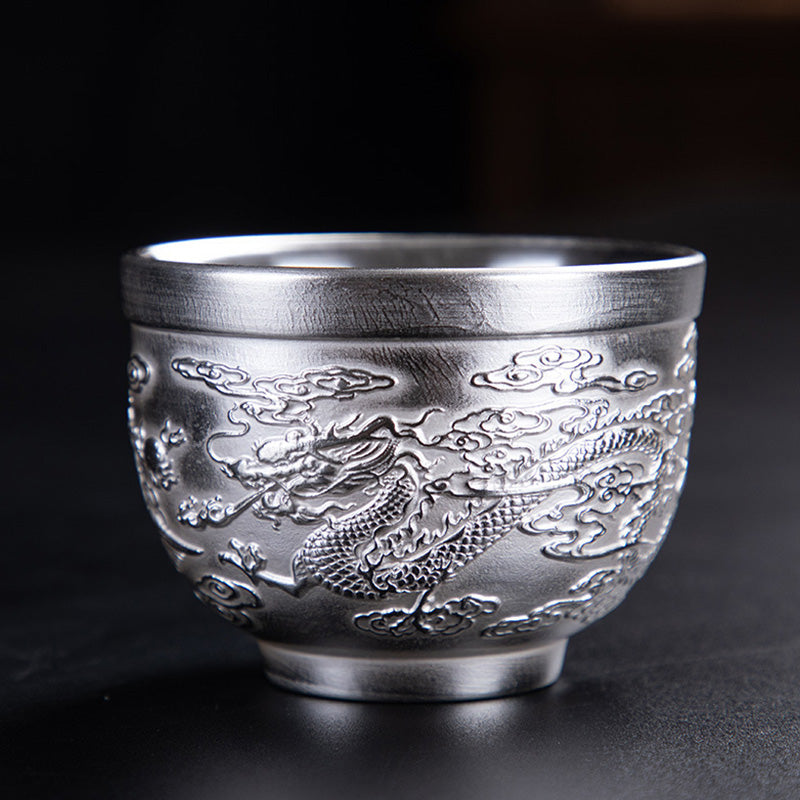 Keramik-Teetasse mit Drachen-Phönix- und Fu-Charakterkunst – Zen-Dekor