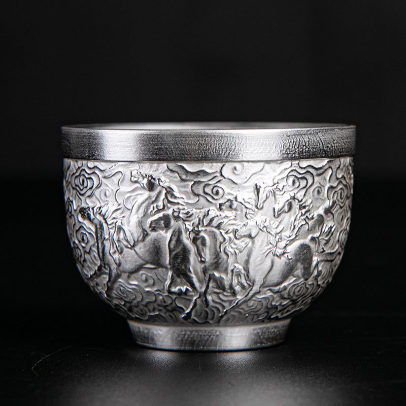 Keramik-Teetasse mit Drachen-Phönix- und Fu-Charakterkunst – Zen-Dekor
