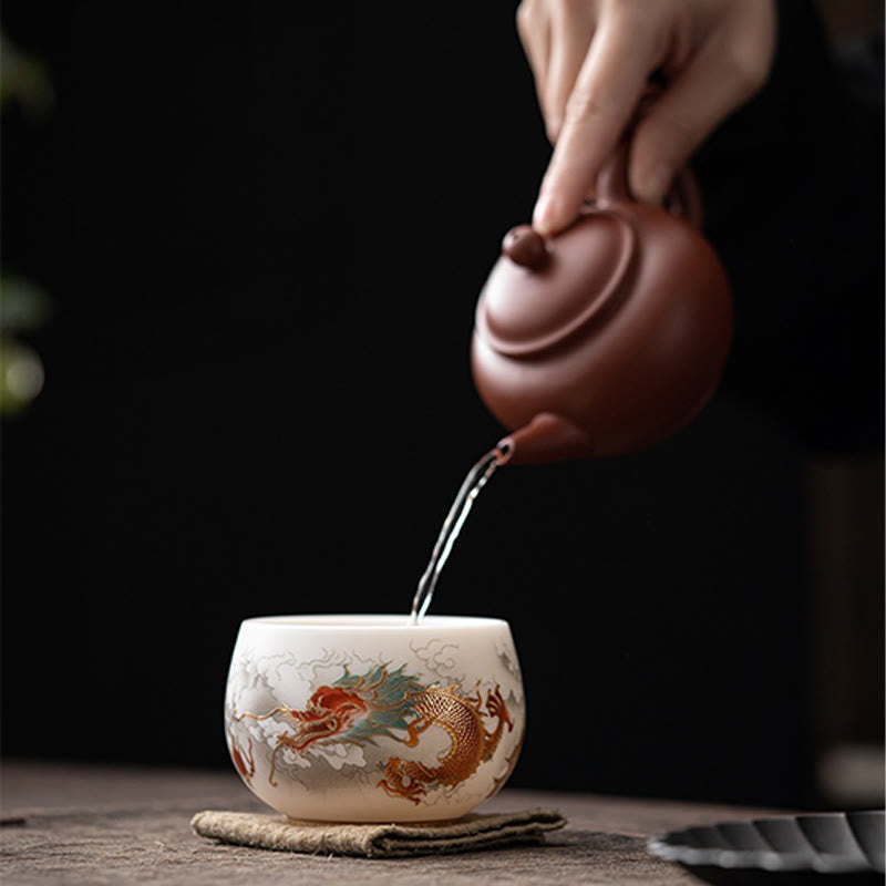 Keramik-Teetasse mit Zen-Dekor | Phoenix-Drache-Lotus-Motive