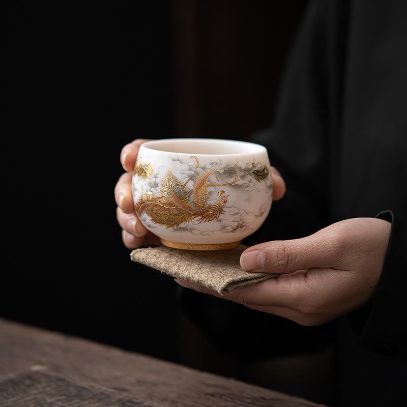 Keramik-Teetasse mit Zen-Dekor | Phoenix-Drache-Lotus-Motive