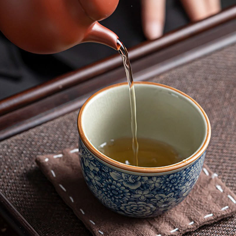 Zen-Teetasse aus Keramik mit blauem Lotus- und Chrysanthemen-Design, 95 ml