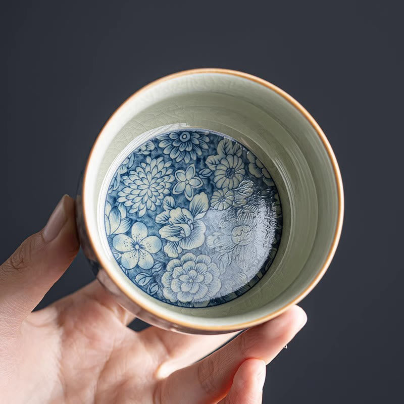 Zen-Teetasse aus Keramik mit blauem Lotus- und Chrysanthemen-Design, 95 ml