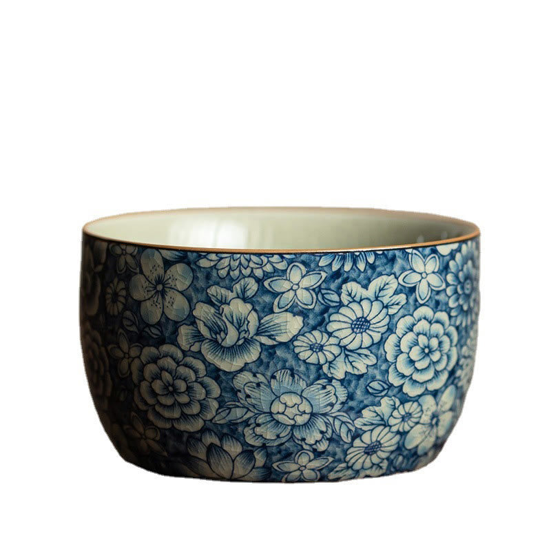 Zen-Teetasse aus Keramik mit blauem Lotus- und Chrysanthemen-Design, 95 ml