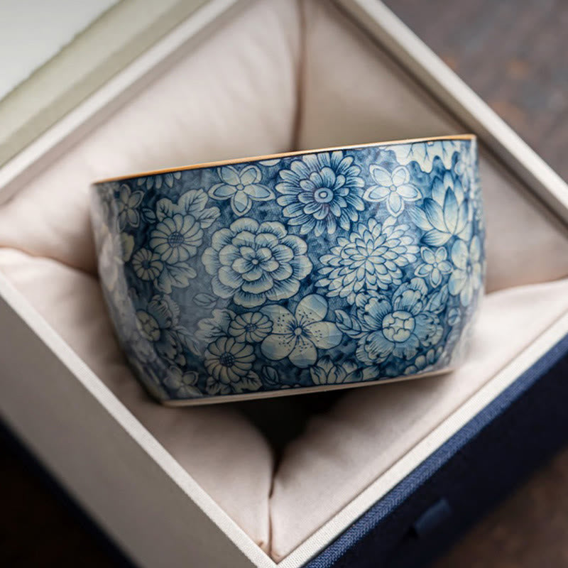 Zen-Teetasse aus Keramik mit blauem Lotus- und Chrysanthemen-Design, 95 ml