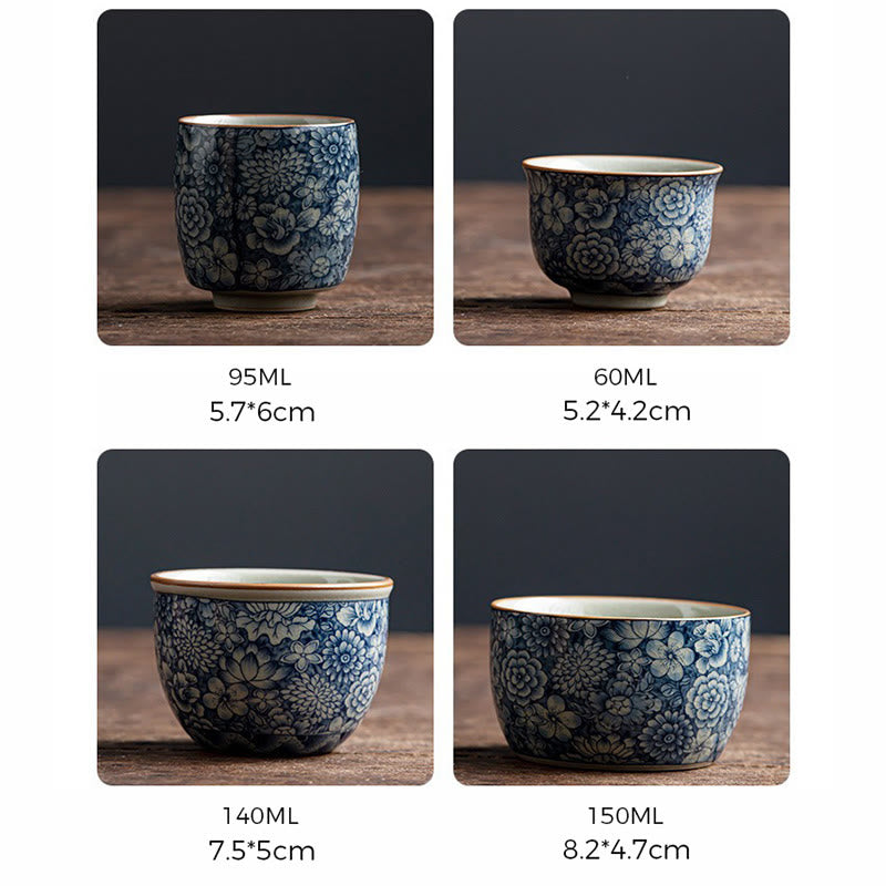 Zen-Teetasse aus Keramik mit blauem Lotus- und Chrysanthemen-Design, 95 ml