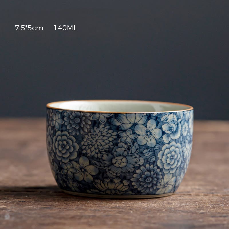 Zen-Teetasse aus Keramik mit blauem Lotus- und Chrysanthemen-Design, 95 ml