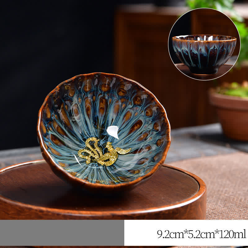 Keramik Zen Teetasse 120ml | Lotus Pfau Drachen Symbolik