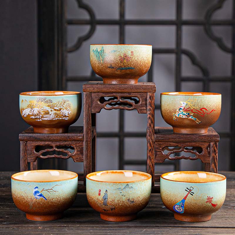 Zen-Teetasse aus Keramik mit Hirsch- und Bergmotiven, 150 ml