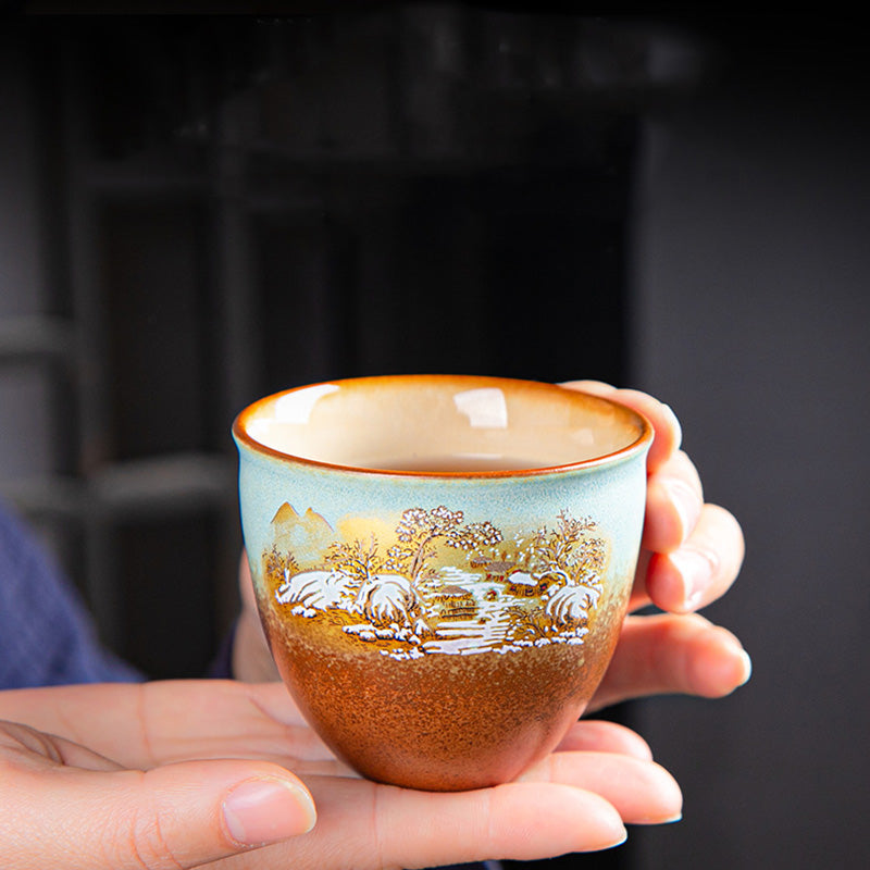Zen-Teetasse aus Keramik mit Hirsch- und Bergmotiven, 150 ml