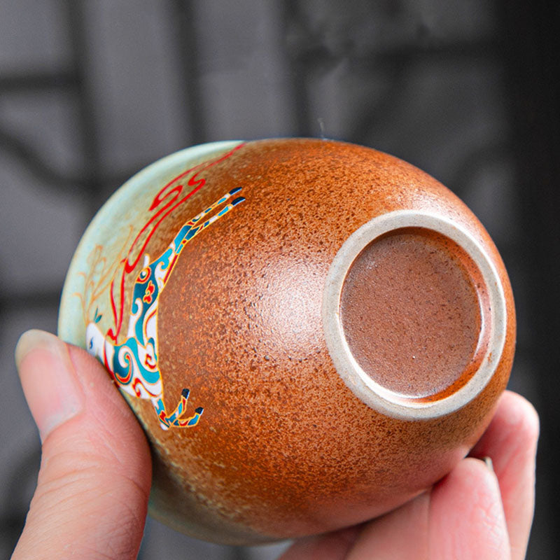 Zen-Teetasse aus Keramik mit Hirsch- und Bergmotiven, 150 ml