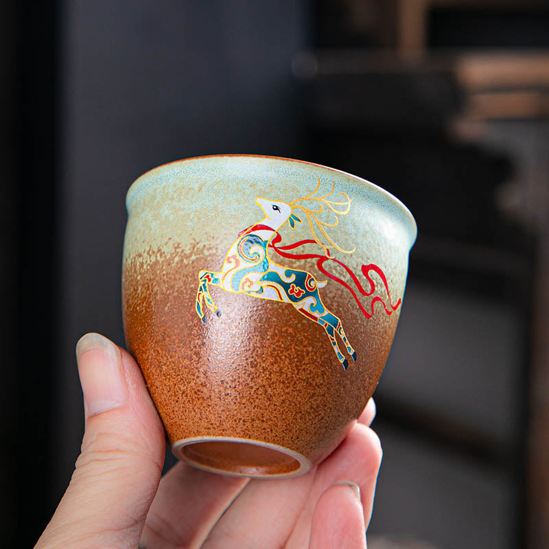 Zen-Teetasse aus Keramik mit Hirsch- und Bergmotiven, 150 ml