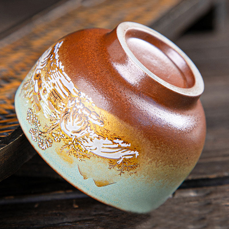 Zen-Teetasse aus Keramik mit Hirsch- und Bergmotiven, 150 ml