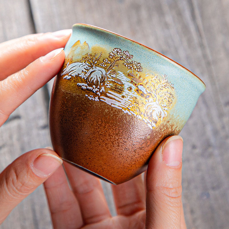 Zen-Teetasse aus Keramik mit Hirsch- und Bergmotiven, 150 ml