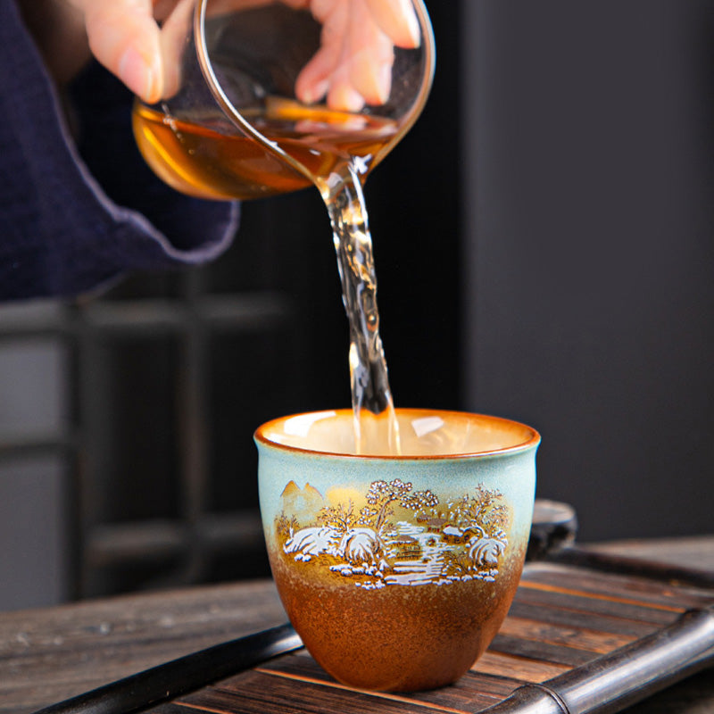 Zen-Teetasse aus Keramik mit Hirsch- und Bergmotiven, 150 ml