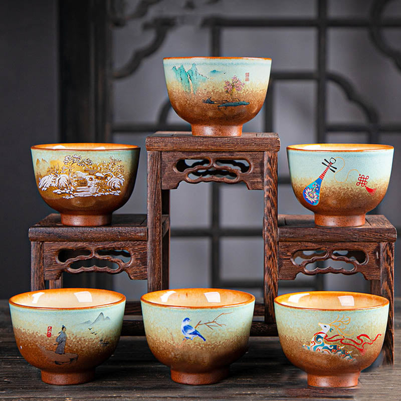 Zen-Teetasse aus Keramik mit Hirsch- und Bergmotiven, 150 ml