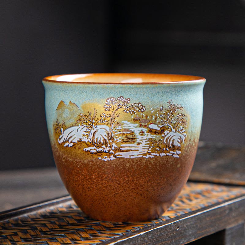 Zen-Teetasse aus Keramik mit Hirsch- und Bergmotiven, 150 ml