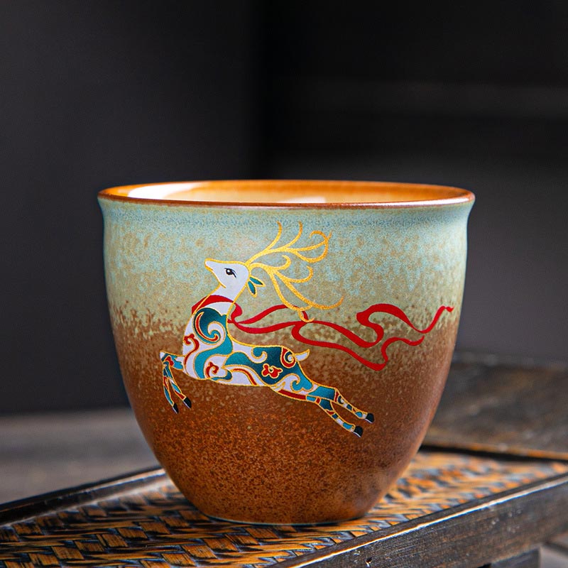 Zen-Teetasse aus Keramik mit Hirsch- und Bergmotiven, 150 ml