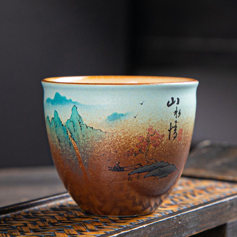 Zen-Teetasse aus Keramik mit Hirsch- und Bergmotiven, 150 ml