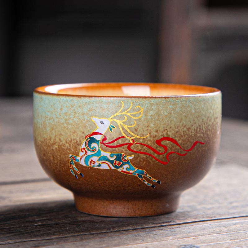 Zen-Teetasse aus Keramik mit Hirsch- und Bergmotiven, 150 ml