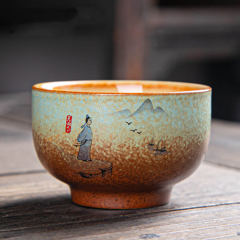 Zen-Teetasse aus Keramik mit Hirsch- und Bergmotiven, 150 ml