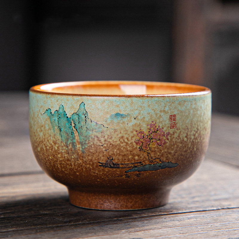 Zen-Teetasse aus Keramik mit Hirsch- und Bergmotiven, 150 ml