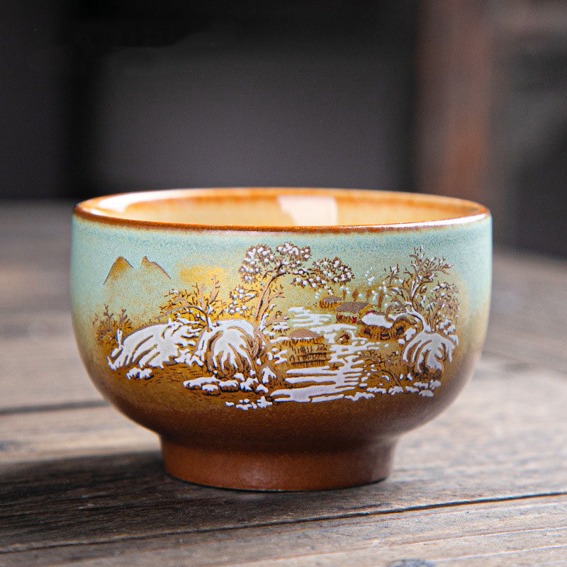 Zen-Teetasse aus Keramik mit Hirsch- und Bergmotiven, 150 ml