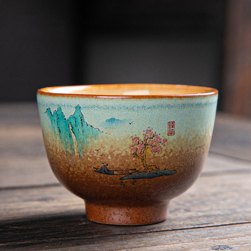 Zen-Teetasse aus Keramik mit Hirsch- und Bergmotiven, 150 ml