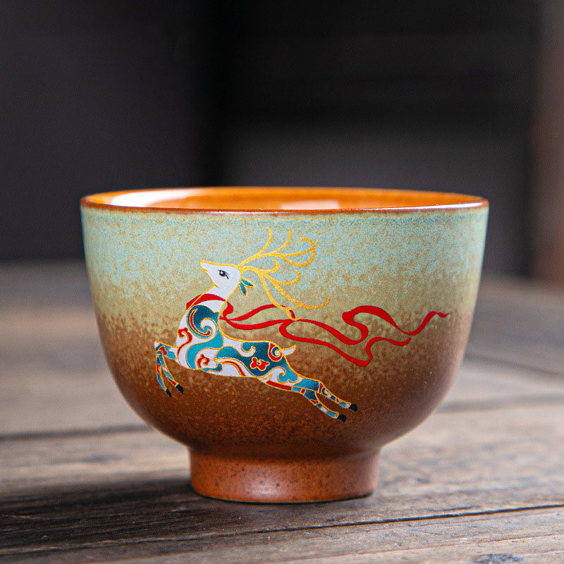 Zen-Teetasse aus Keramik mit Hirsch- und Bergmotiven, 150 ml