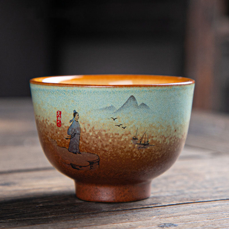 Zen-Teetasse aus Keramik mit Hirsch- und Bergmotiven, 150 ml